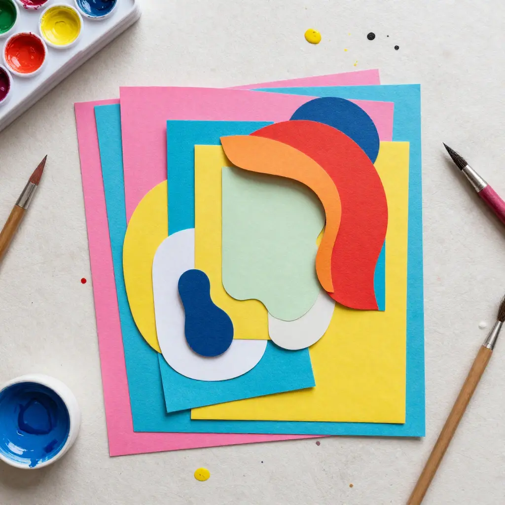 Colorful paper collage materials and art supplies